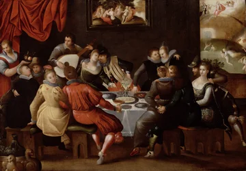 Elegant Figures Feasting and Disporting at a Table with the Last Judgement in the Background